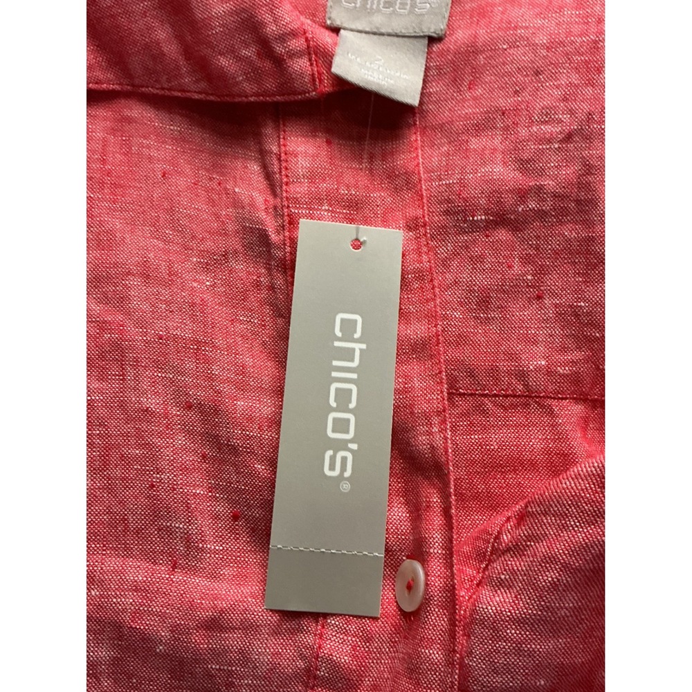 Chicos 100% Linen Tunic Top Red Orange Button Front Long Sleeve Size 2 L NEW - Picture 3 of 13